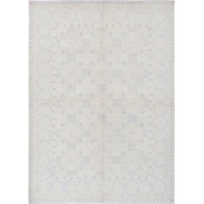 Hand Knotted Turkish Oushak Rug, Beige Wool Area Rug with Light Blue Geometric Motifs