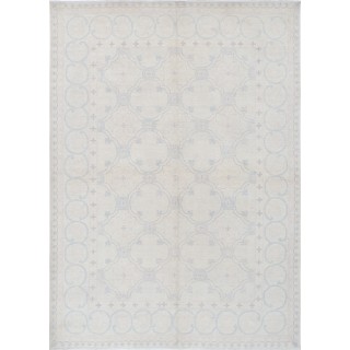 Hand Knotted Turkish Oushak Rug, Beige Wool Area Rug with Light Blue Geometric Motifs