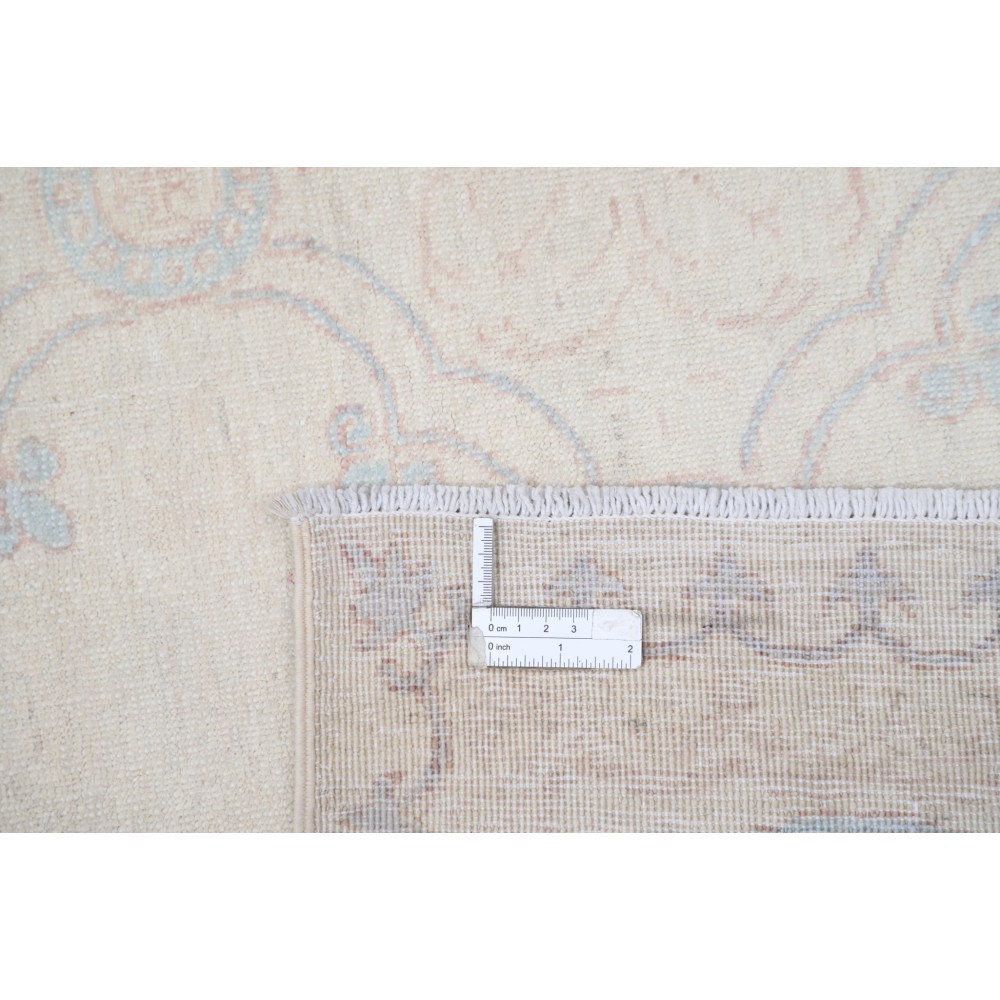 Hand Knotted Turkish Oushak Rug, Beige Wool Area Rug with Light Blue Geometric Motifs Hand Knotted Turkish Oushak Rug, Beige Wool Area Rug with Light Blue Geometric Motifs