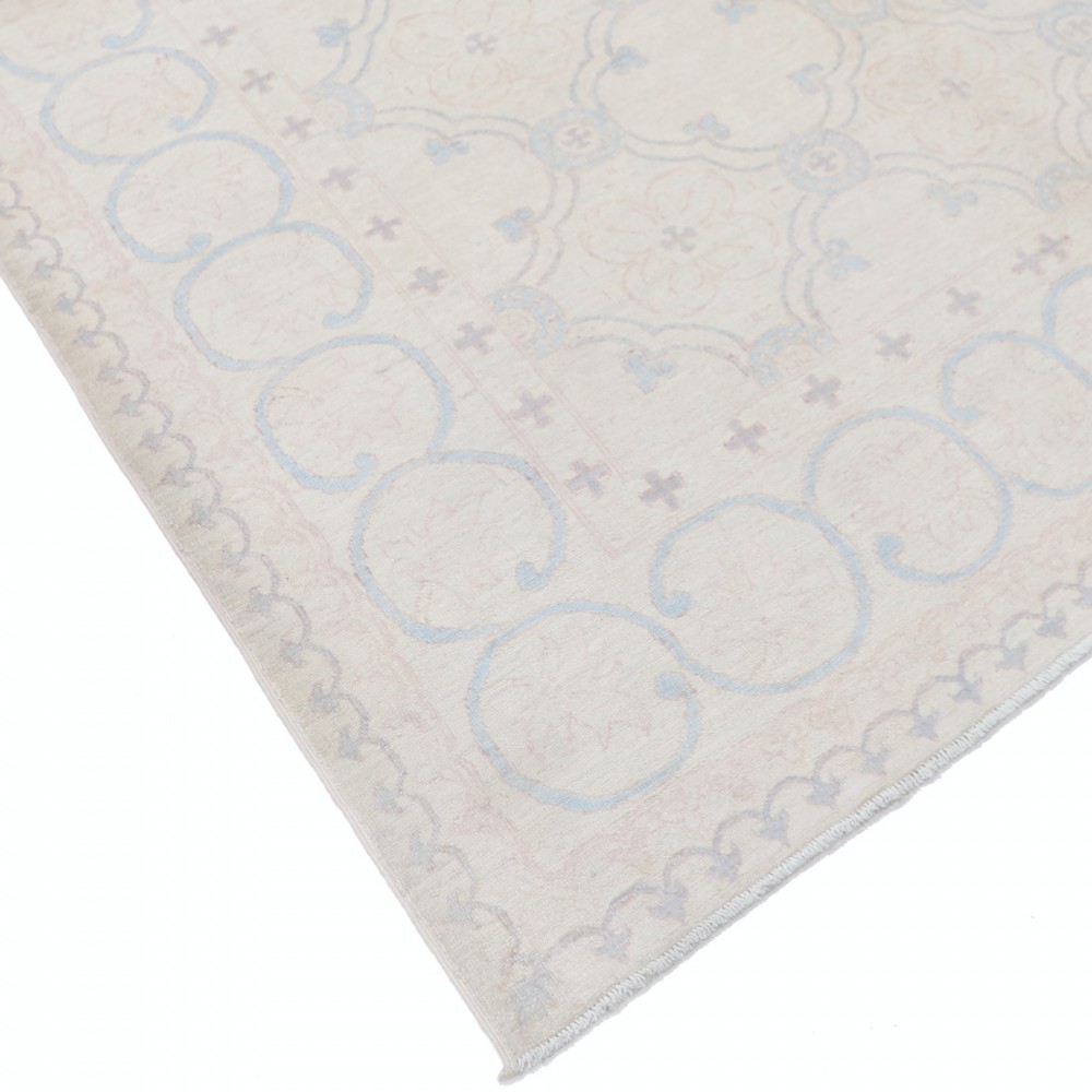 Hand Knotted Turkish Oushak Rug, Beige Wool Area Rug with Light Blue Geometric Motifs Hand Knotted Turkish Oushak Rug, Beige Wool Area Rug with Light Blue Geometric Motifs