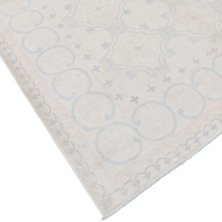 Hand Knotted Turkish Oushak Rug, Beige Wool Area Rug with Light Blue Geometric Motifs Hand Knotted Turkish Oushak Rug, Beige Wool Area Rug with Light Blue Geometric Motifs