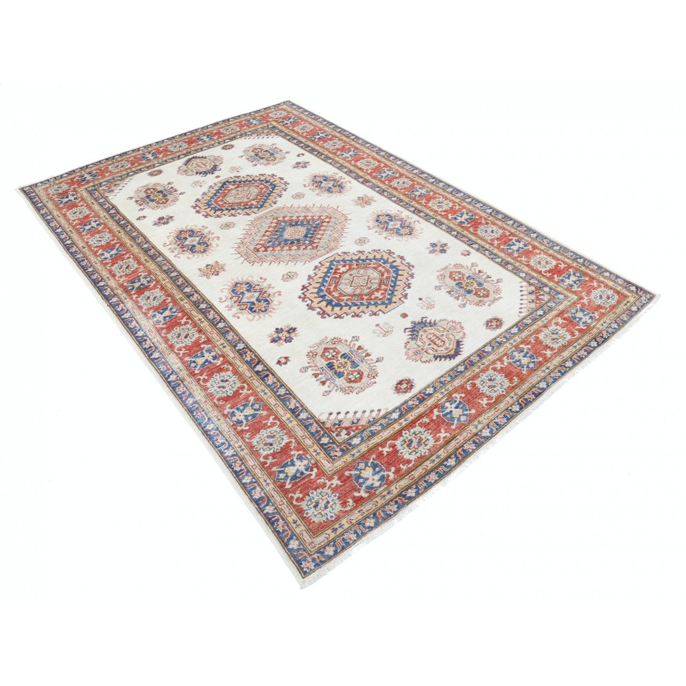 Hand Knotted Red, Ivory, Navy Blue Wool Area Rug | Turkish Geometric Design Rug Hand Knotted Red, Ivory, Navy Blue Wool Area Rug | Turkish Geometric Design Rug