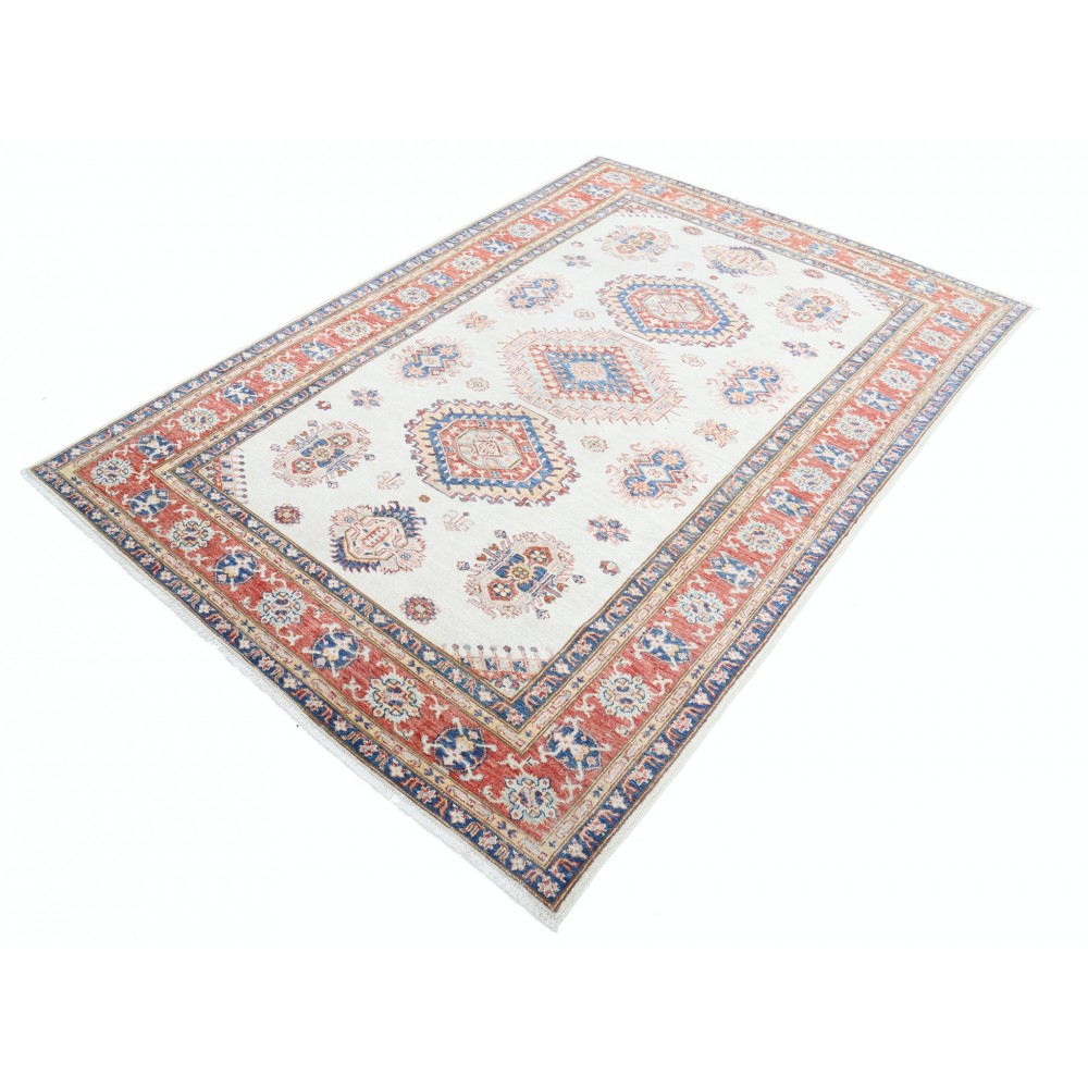 Hand Knotted Red, Ivory, Navy Blue Wool Area Rug | Turkish Geometric Design Rug Hand Knotted Red, Ivory, Navy Blue Wool Area Rug | Turkish Geometric Design Rug