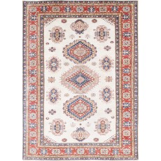 Hand Knotted Red, Ivory, Navy Blue Wool Area Rug | Turkish Geometric Design Rug
