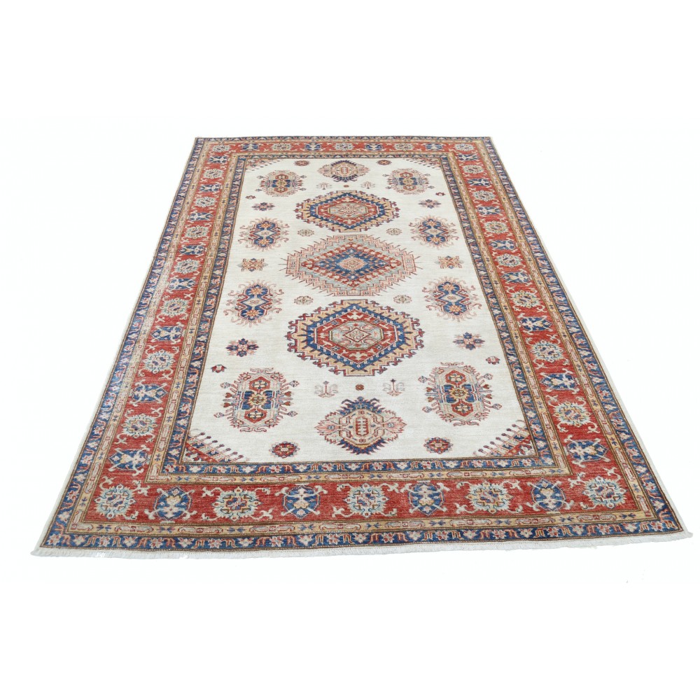 Hand Knotted Red, Ivory, Navy Blue Wool Area Rug | Turkish Geometric Design Rug Hand Knotted Red, Ivory, Navy Blue Wool Area Rug | Turkish Geometric Design Rug