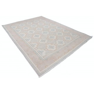 Hand Knotted Beige, Light Blue, Taupe Wool Rug | Geometric Trellis Pattern Carpet