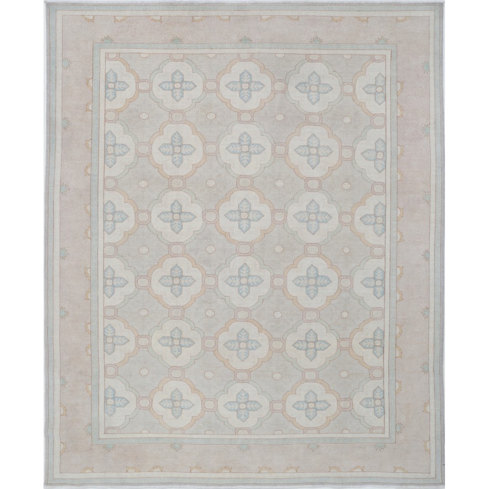 Hand Knotted Beige, Light Blue, Taupe Wool Rug | Geometric Trellis Pattern Carpet Hand Knotted Beige, Light Blue, Taupe Wool Rug | Geometric Trellis Pattern Carpet