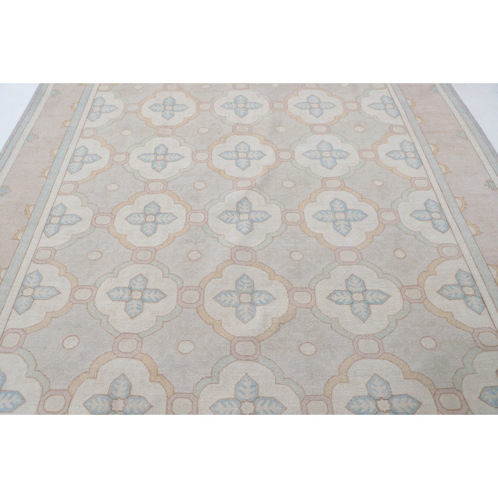 Hand Knotted Beige, Light Blue, Taupe Wool Rug | Geometric Trellis Pattern Carpet Hand Knotted Beige, Light Blue, Taupe Wool Rug | Geometric Trellis Pattern Carpet