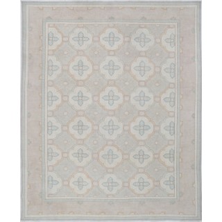 Hand Knotted Beige, Light Blue, Taupe Wool Rug | Geometric Trellis Pattern Carpet