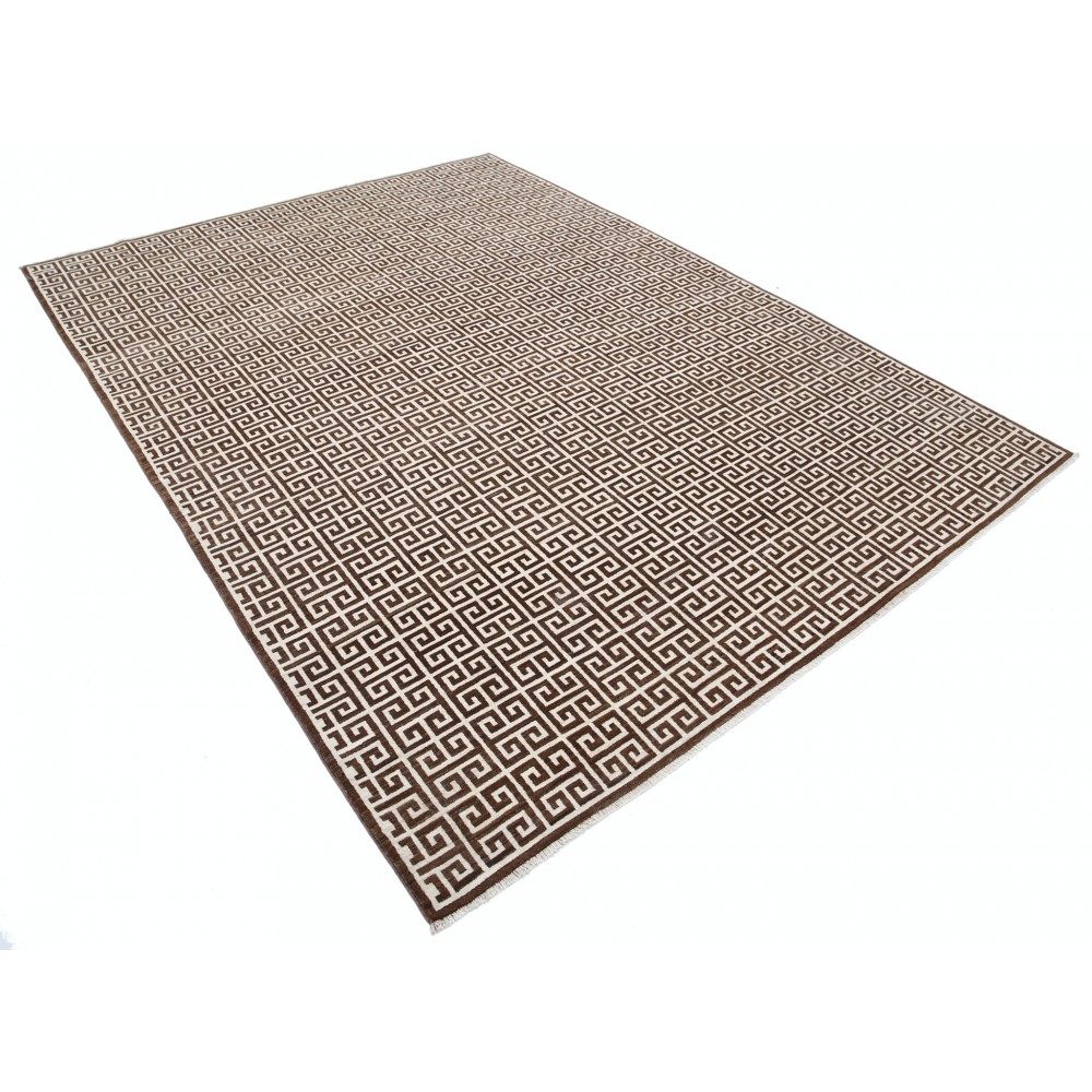 Hand Knotted Turkish Wool Rug | Beige & Brown Greek Key Pattern Area Rug, Modern Geometric Carpet Hand Knotted Turkish Wool Rug | Beige & Brown Greek Key Pattern Area Rug, Modern Geometric Carpet