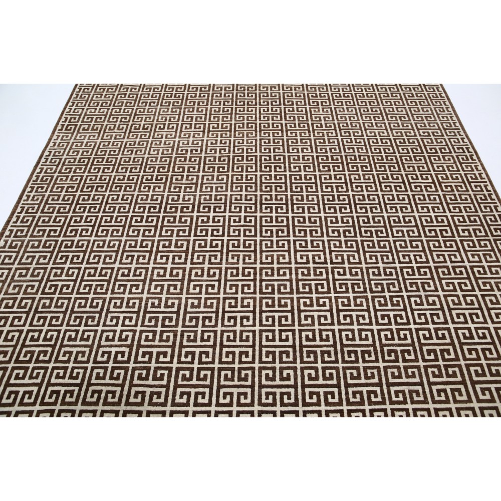 Hand Knotted Turkish Wool Rug | Beige & Brown Greek Key Pattern Area Rug, Modern Geometric Carpet Hand Knotted Turkish Wool Rug | Beige & Brown Greek Key Pattern Area Rug, Modern Geometric Carpet