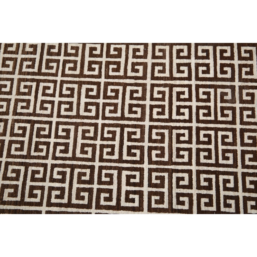 Hand Knotted Turkish Wool Rug | Beige & Brown Greek Key Pattern Area Rug, Modern Geometric Carpet Hand Knotted Turkish Wool Rug | Beige & Brown Greek Key Pattern Area Rug, Modern Geometric Carpet