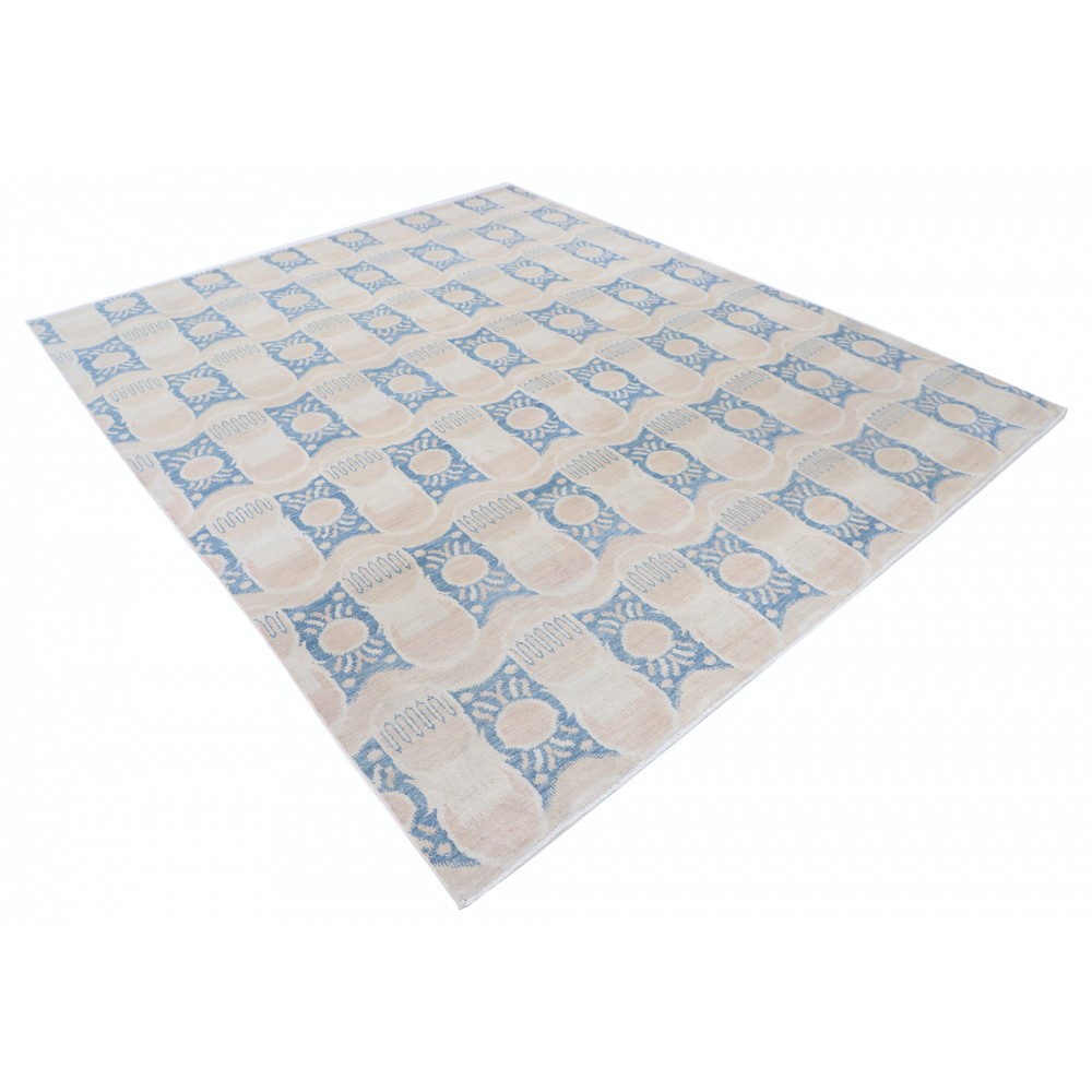 Hand Knotted Beige and Light Blue Wool Area Rug | Turkish Geometric Repeating Design Carpet Hand Knotted Beige and Light Blue Wool Area Rug | Turkish Geometric Repeating Design Carpet