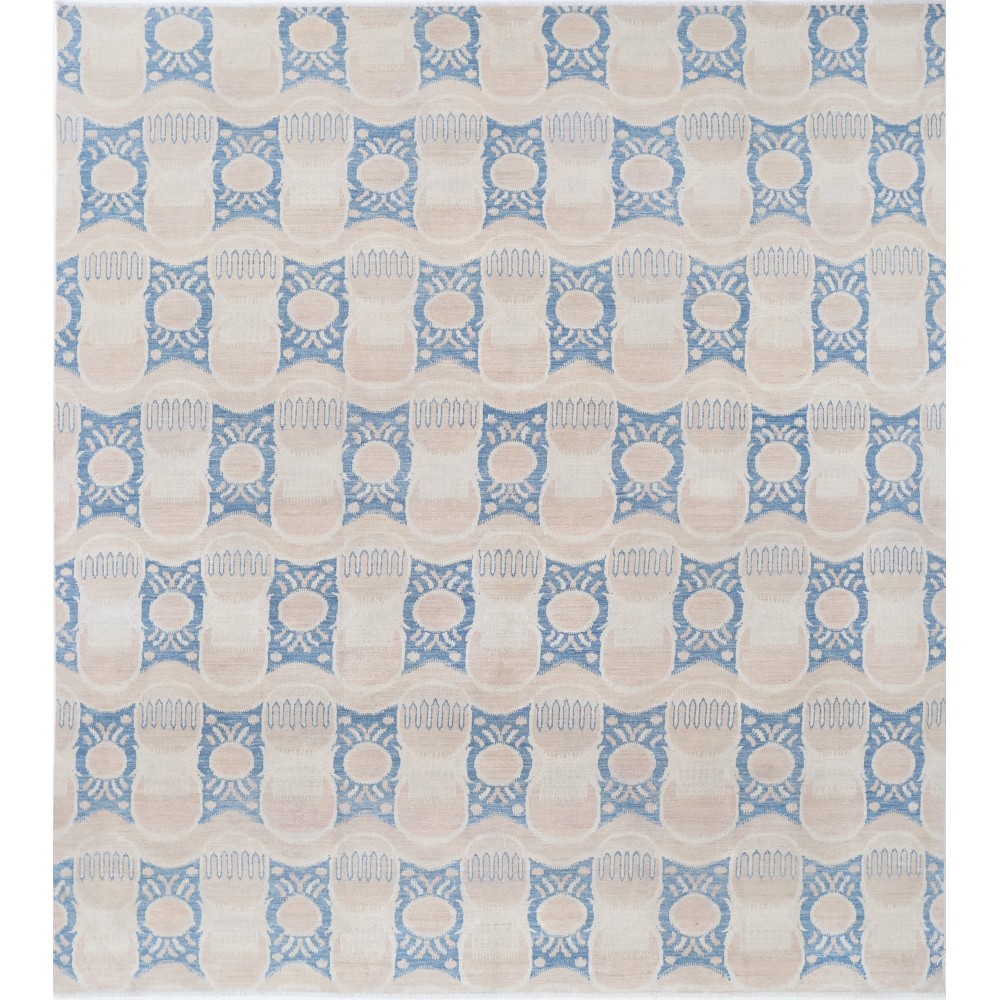 Hand Knotted Beige and Light Blue Wool Area Rug | Turkish Geometric Repeating Design Carpet Hand Knotted Beige and Light Blue Wool Area Rug | Turkish Geometric Repeating Design Carpet