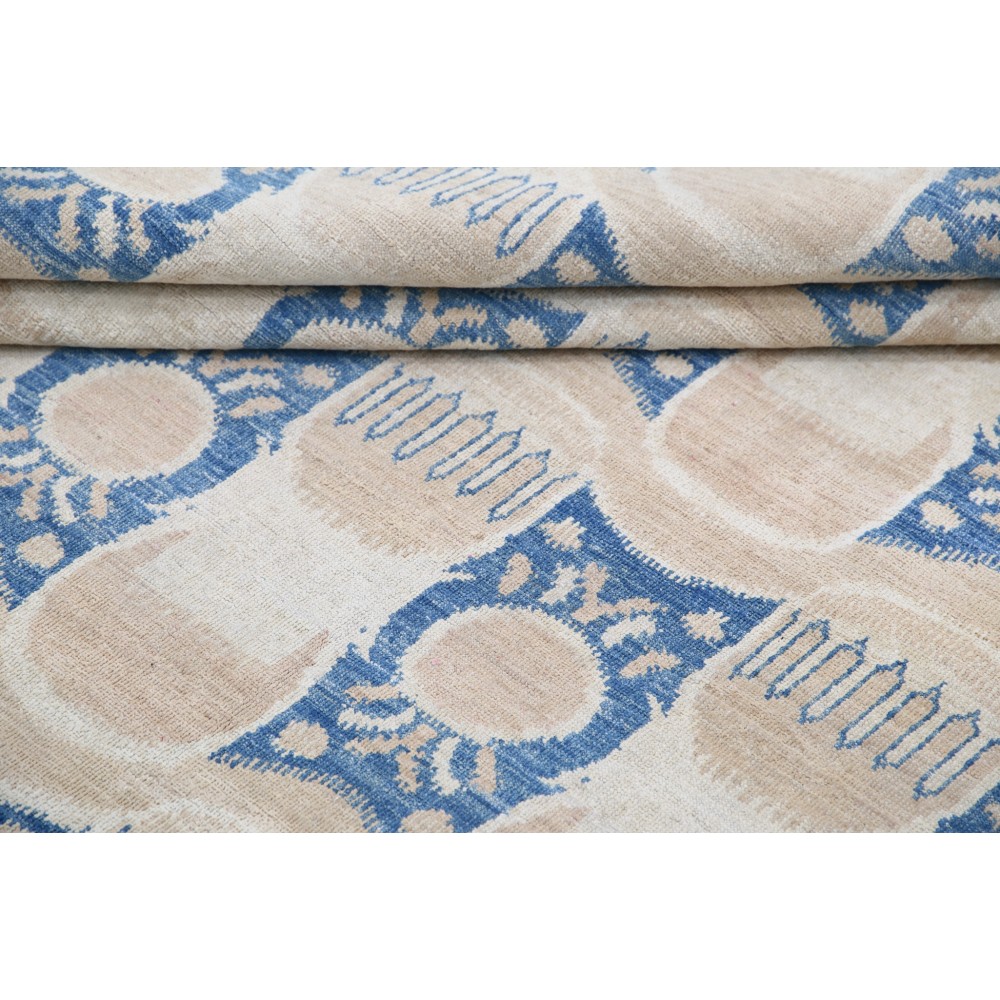 Hand Knotted Beige and Light Blue Wool Area Rug | Turkish Geometric Repeating Design Carpet Hand Knotted Beige and Light Blue Wool Area Rug | Turkish Geometric Repeating Design Carpet