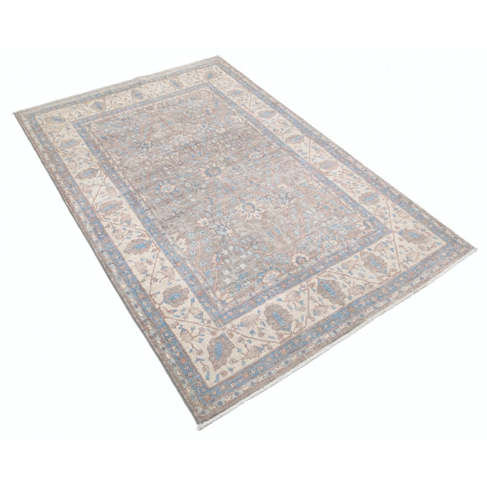Hand Knotted Ivory, Light Blue, Gray Wool Area Rug | Ornamental Floral Small Rug