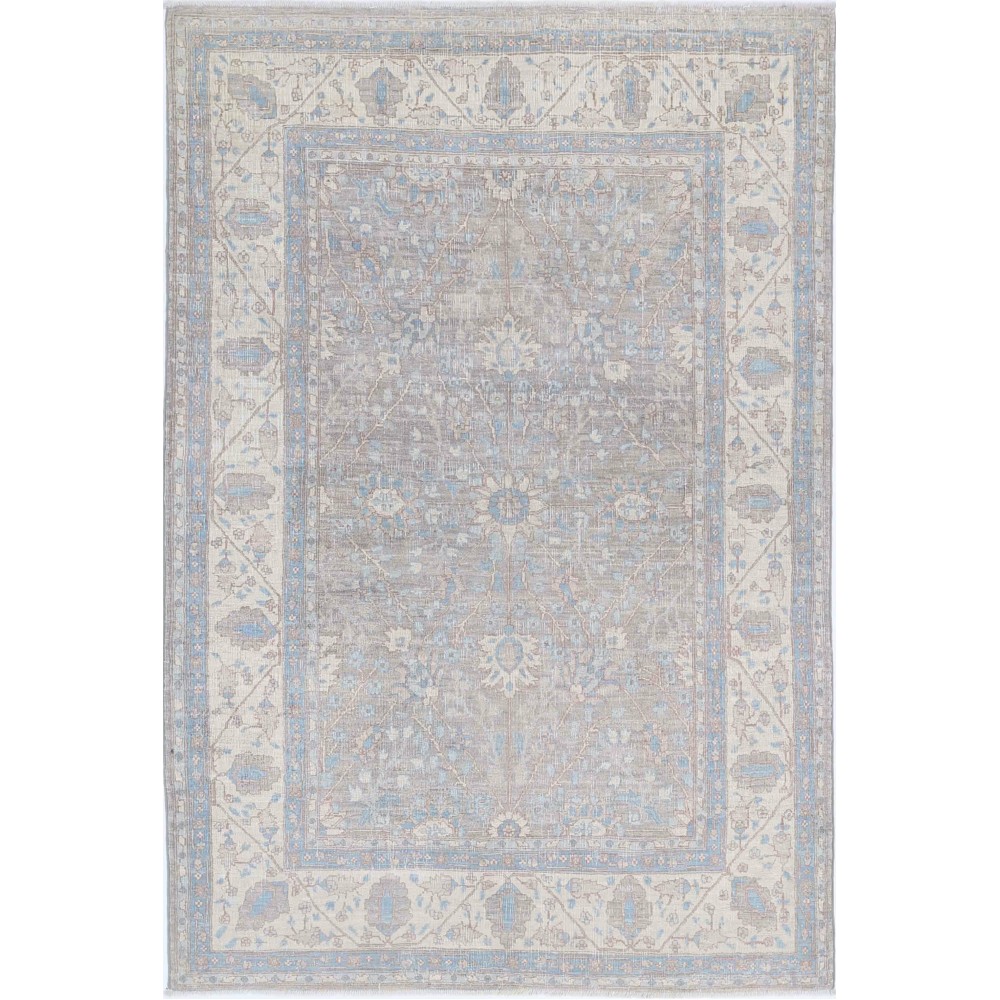 Hand Knotted Ivory, Light Blue, Gray Wool Area Rug | Ornamental Floral Small Rug