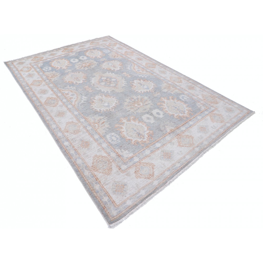 Handknotted Oushak Rug, Light Blue and Ivory Wool Carpet with Soft Peach Geometric Motifs, Vintage Style Rug for Living Room Handknotted Oushak Rug, Light Blue and Ivory Wool Carpet with Soft Peach Geometric Motifs, Vintage Style Rug for Living Room