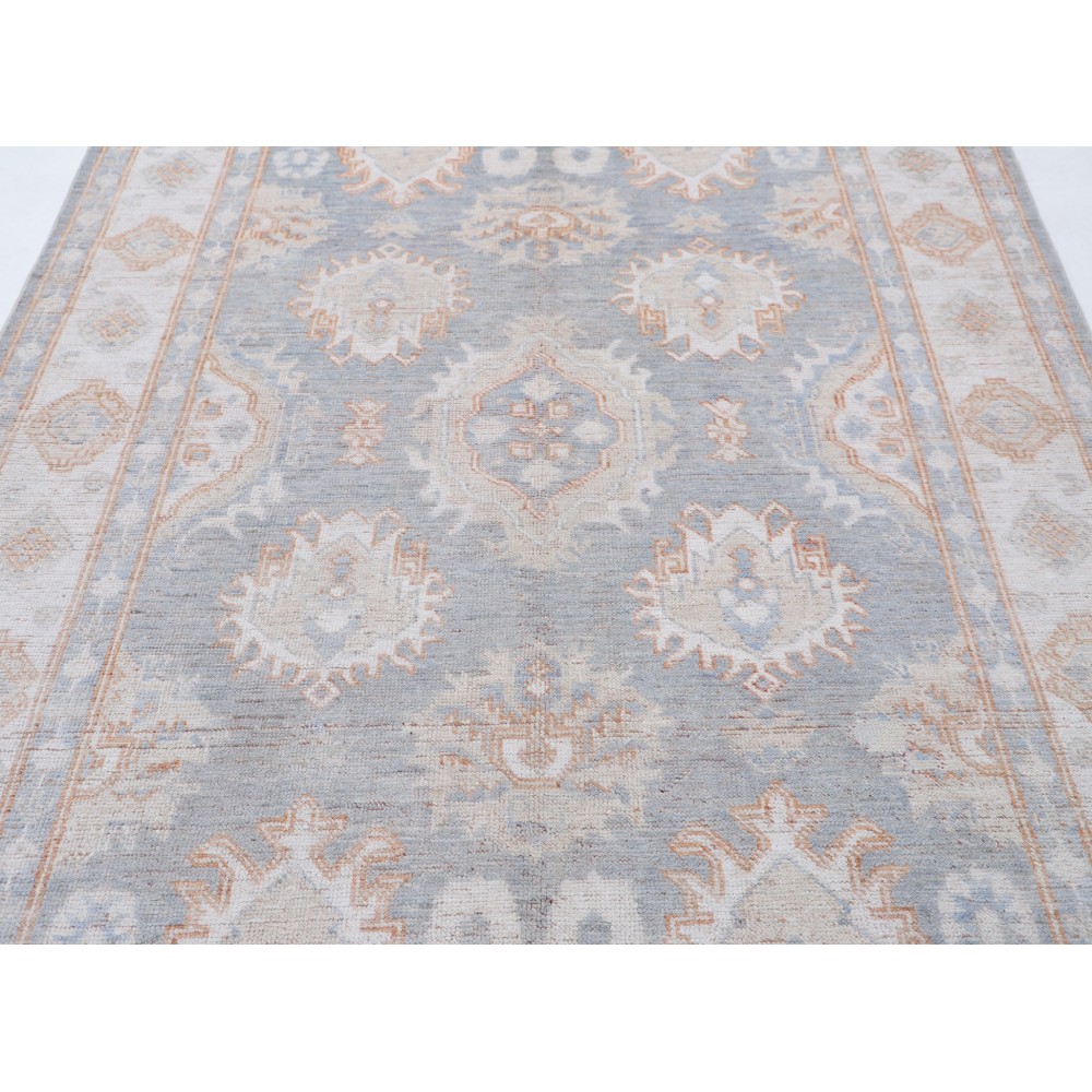 Handknotted Oushak Rug, Light Blue and Ivory Wool Carpet with Soft Peach Geometric Motifs, Vintage Style Rug for Living Room Handknotted Oushak Rug, Light Blue and Ivory Wool Carpet with Soft Peach Geometric Motifs, Vintage Style Rug for Living Room