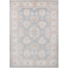 Handknotted Oushak Rug, Light Blue and Ivory Wool Carpet with Soft Peach Geometric Motifs, Vintage Style Rug for Living Room