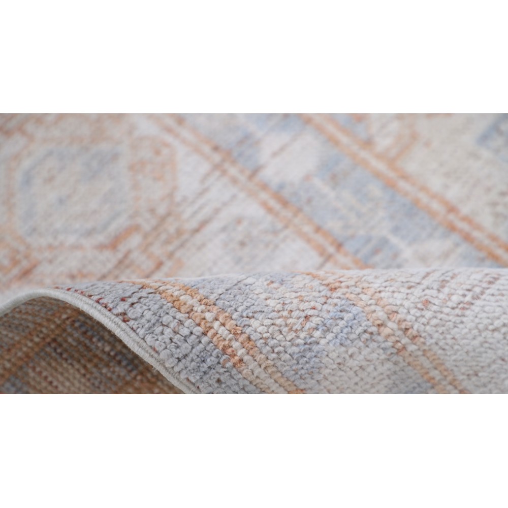 Handknotted Oushak Rug, Light Blue and Ivory Wool Carpet with Soft Peach Geometric Motifs, Vintage Style Rug for Living Room Handknotted Oushak Rug, Light Blue and Ivory Wool Carpet with Soft Peach Geometric Motifs, Vintage Style Rug for Living Room