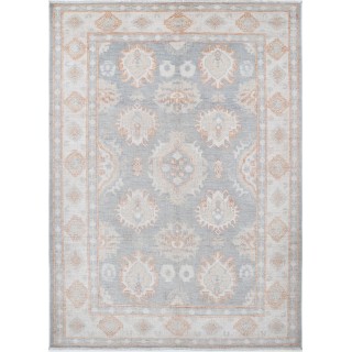 Handknotted Oushak Rug, Light Blue and Ivory Wool Carpet with Soft Peach Geometric Motifs, Vintage Style Rug for Living Room