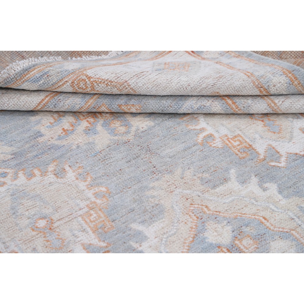 Handknotted Oushak Rug, Light Blue and Ivory Wool Carpet with Soft Peach Geometric Motifs, Vintage Style Rug for Living Room Handknotted Oushak Rug, Light Blue and Ivory Wool Carpet with Soft Peach Geometric Motifs, Vintage Style Rug for Living Room