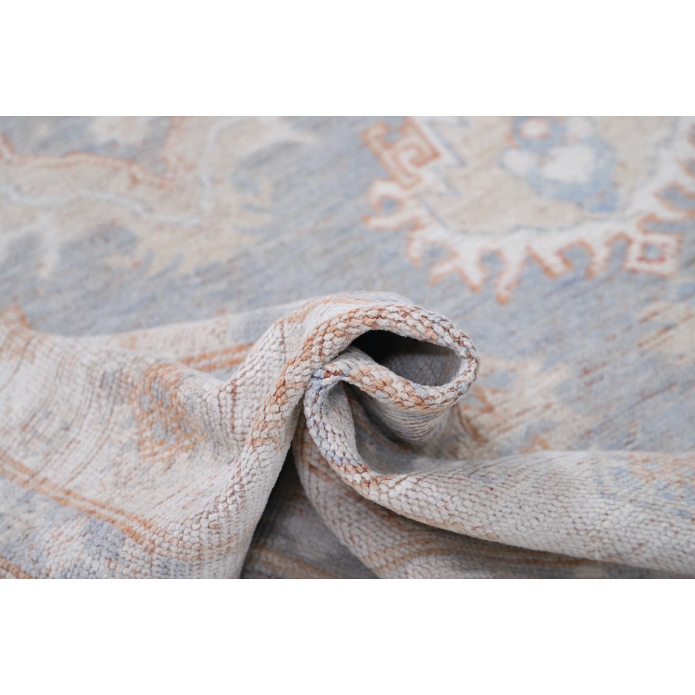Handknotted Oushak Rug, Light Blue and Ivory Wool Carpet with Soft Peach Geometric Motifs, Vintage Style Rug for Living Room Handknotted Oushak Rug, Light Blue and Ivory Wool Carpet with Soft Peach Geometric Motifs, Vintage Style Rug for Living Room