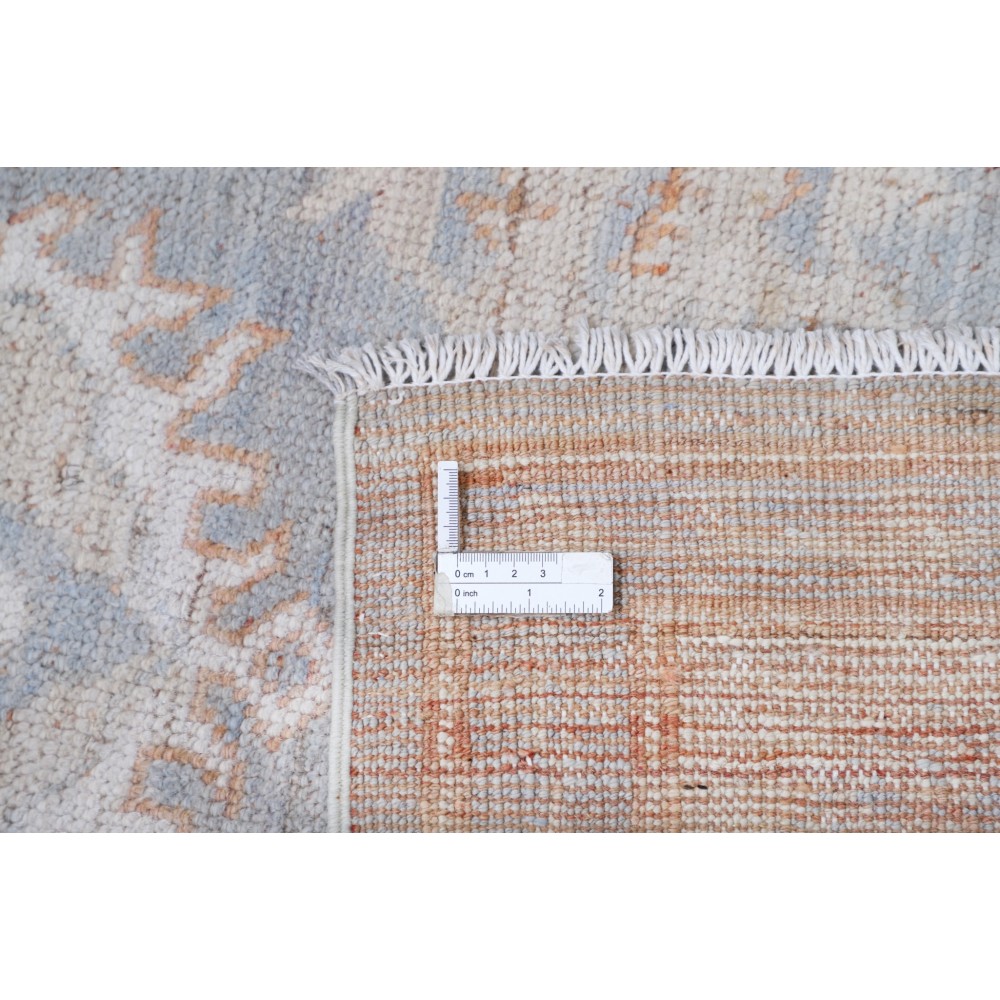 Handknotted Oushak Rug, Light Blue and Ivory Wool Carpet with Soft Peach Geometric Motifs, Vintage Style Rug for Living Room Handknotted Oushak Rug, Light Blue and Ivory Wool Carpet with Soft Peach Geometric Motifs, Vintage Style Rug for Living Room