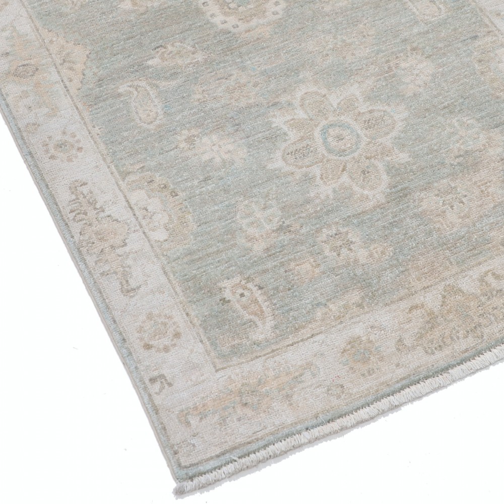 Hand Knotted Beige, Light Blue Oushak Accent Rug with Floral Design | 100% Wool Hand Knotted Beige, Light Blue Oushak Accent Rug with Floral Design | 100% Wool