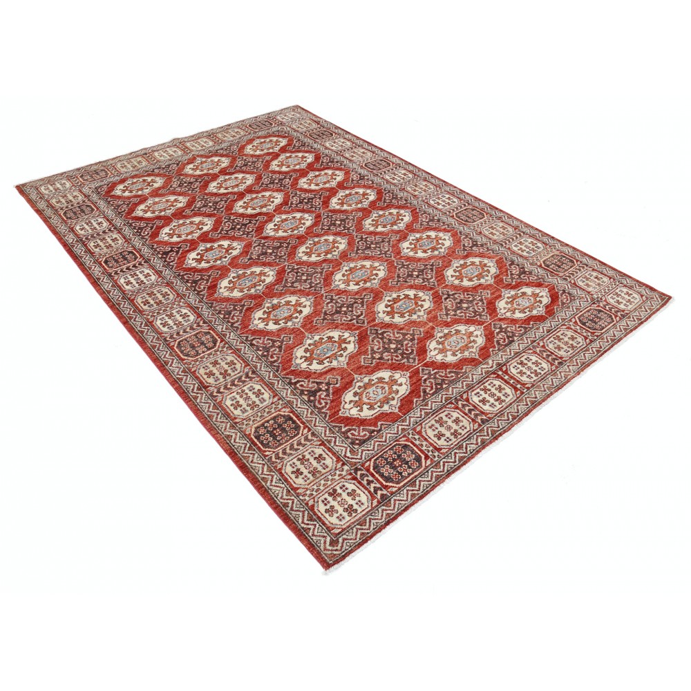 Hand Knotted Red, Ivory and Navy Blue Turkish Wool Area Rug with Repeating Geometric Design Hand Knotted Red, Ivory and Navy Blue Turkish Wool Area Rug with Repeating Geometric Design