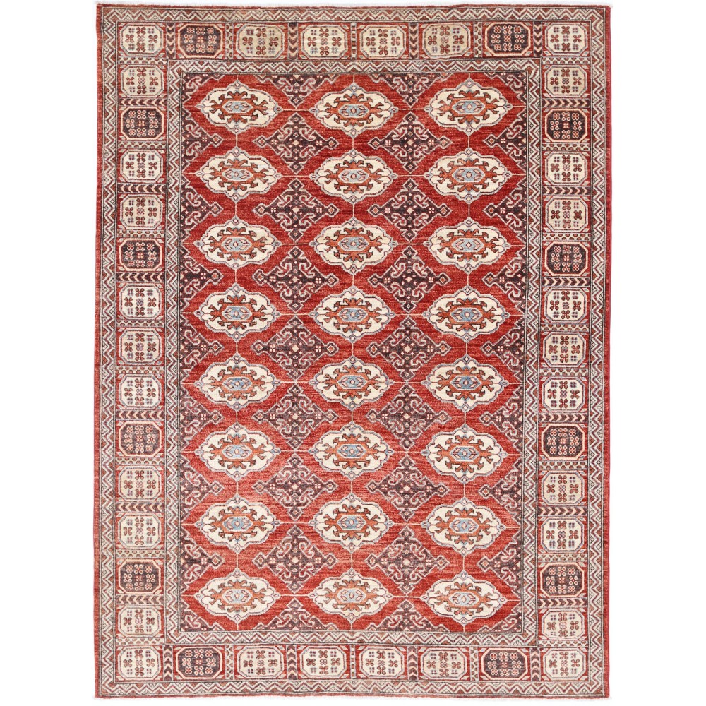 Hand Knotted Red, Ivory and Navy Blue Turkish Wool Area Rug with Repeating Geometric Design Hand Knotted Red, Ivory and Navy Blue Turkish Wool Area Rug with Repeating Geometric Design