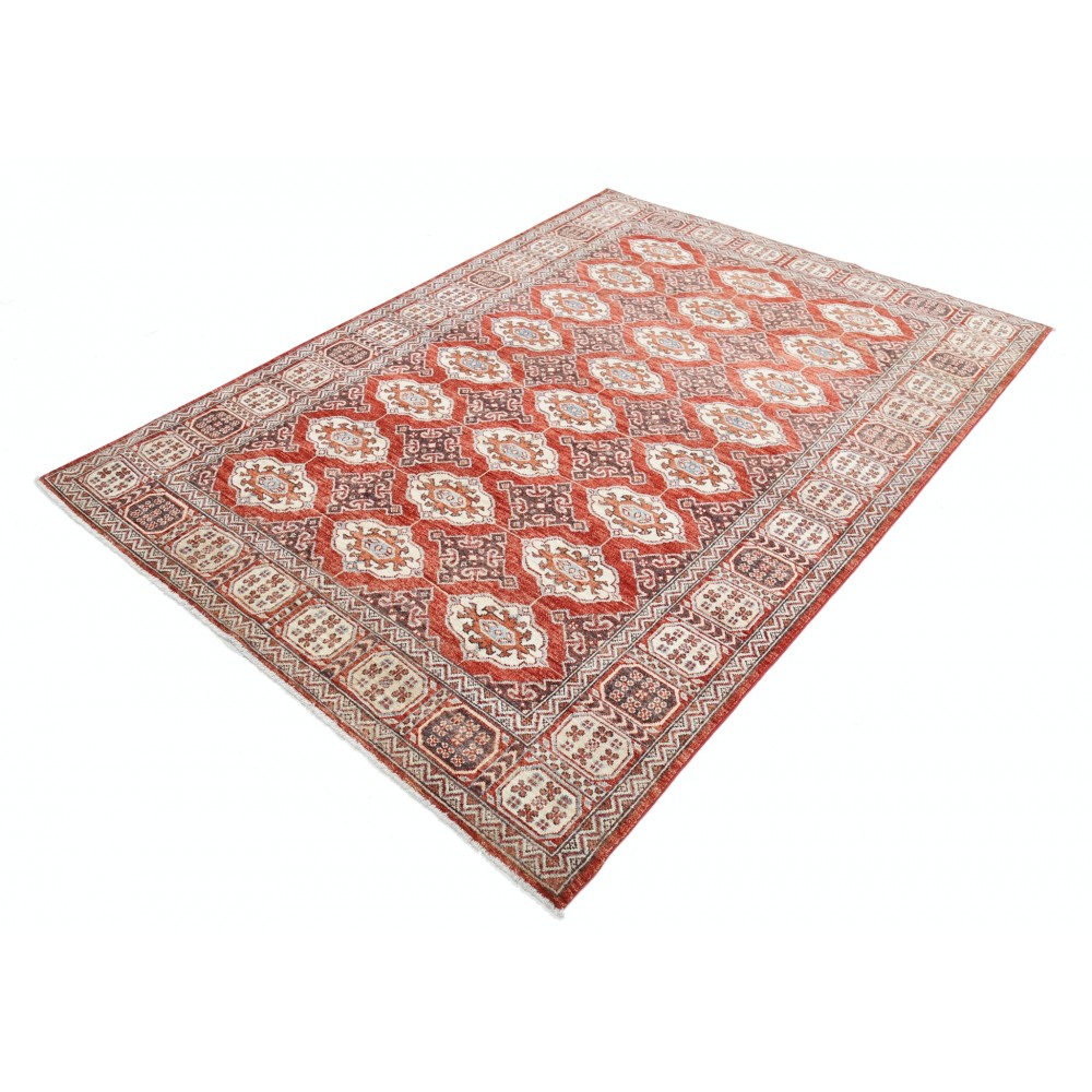 Hand Knotted Red, Ivory and Navy Blue Turkish Wool Area Rug with Repeating Geometric Design Hand Knotted Red, Ivory and Navy Blue Turkish Wool Area Rug with Repeating Geometric Design
