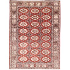 Hand Knotted Red, Ivory and Navy Blue Turkish Wool Area Rug with Repeating Geometric Design