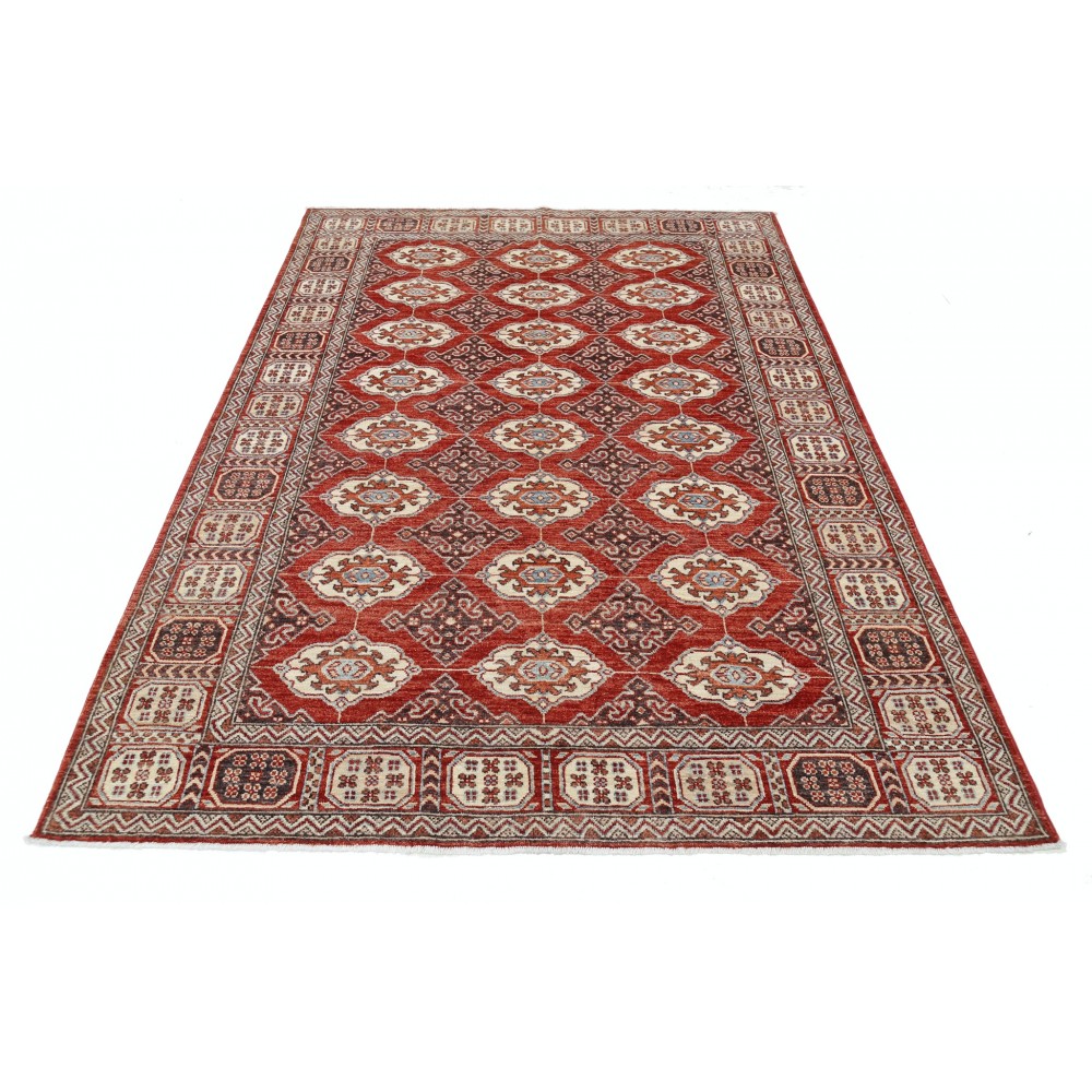 Hand Knotted Red, Ivory and Navy Blue Turkish Wool Area Rug with Repeating Geometric Design Hand Knotted Red, Ivory and Navy Blue Turkish Wool Area Rug with Repeating Geometric Design