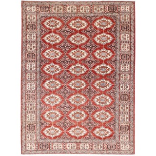 Hand Knotted Red, Ivory and Navy Blue Turkish Wool Area Rug with Repeating Geometric Design