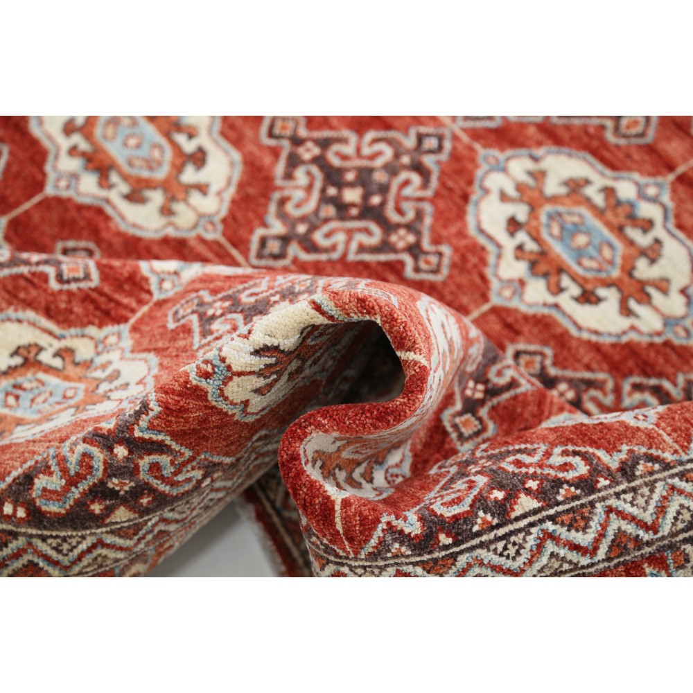 Hand Knotted Red, Ivory and Navy Blue Turkish Wool Area Rug with Repeating Geometric Design Hand Knotted Red, Ivory and Navy Blue Turkish Wool Area Rug with Repeating Geometric Design
