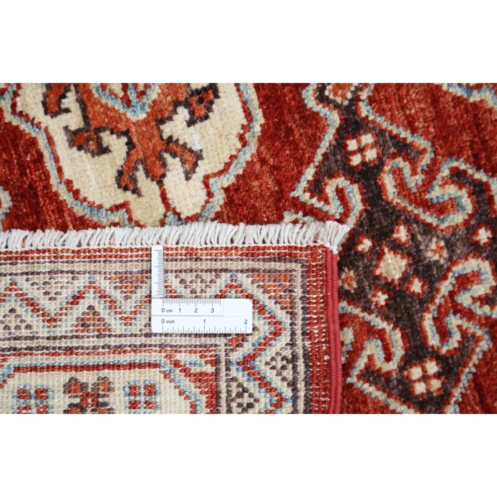 Hand Knotted Red, Ivory and Navy Blue Turkish Wool Area Rug with Repeating Geometric Design Hand Knotted Red, Ivory and Navy Blue Turkish Wool Area Rug with Repeating Geometric Design