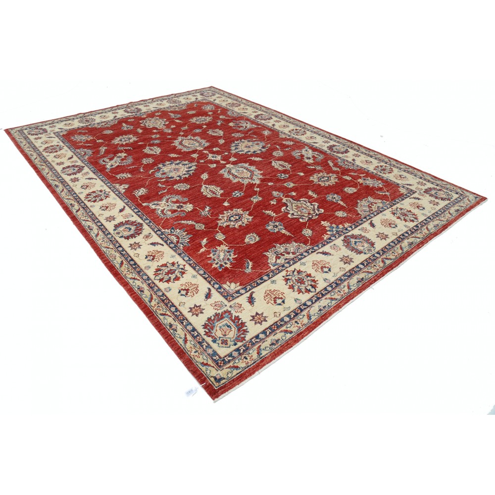 Hand Knotted Floral Area Rug with Red Field and Ivory Border | Traditional Oushak Wool Carpet