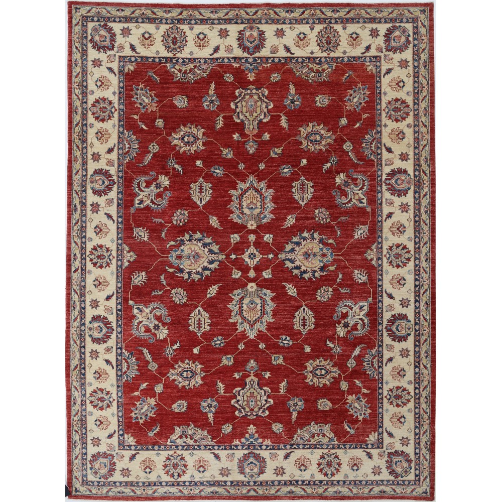 Hand Knotted Floral Area Rug with Red Field and Ivory Border | Traditional Oushak Wool Carpet
