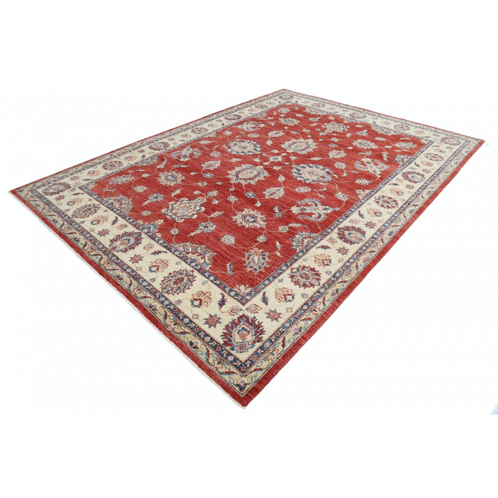 Hand Knotted Floral Area Rug with Red Field and Ivory Border | Traditional Oushak Wool Carpet