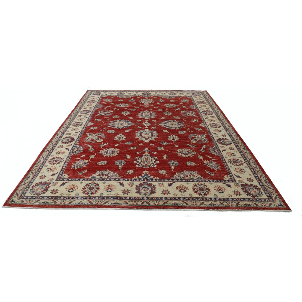 Hand Knotted Floral Area Rug with Red Field and Ivory Border | Traditional Oushak Wool Carpet