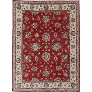 Hand Knotted Floral Area Rug with Red Field and Ivory Border | Traditional Oushak Wool Carpet