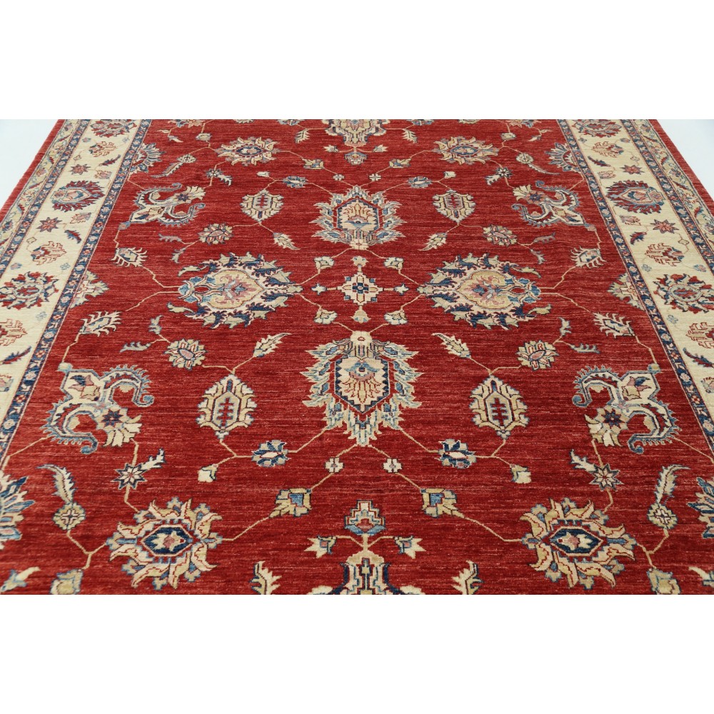 Hand Knotted Floral Area Rug with Red Field and Ivory Border | Traditional Oushak Wool Carpet