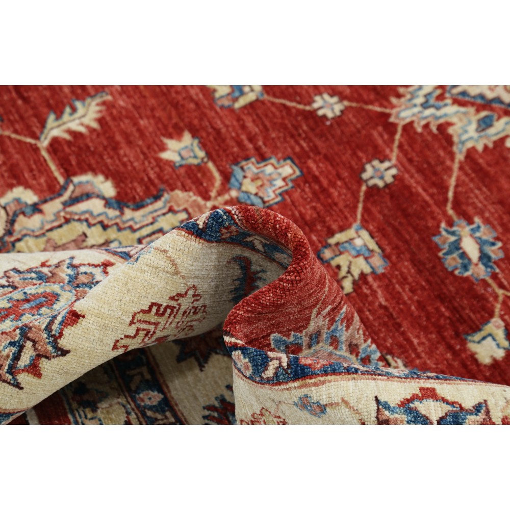 Hand Knotted Floral Area Rug with Red Field and Ivory Border | Traditional Oushak Wool Carpet