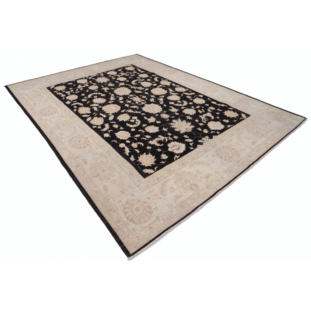 Hand Knotted Floral Oushak Large Area Rug with Black Field and Beige Border | 100% Wool Hand Knotted Floral Oushak Large Area Rug with Black Field and Beige Border | 100% Wool