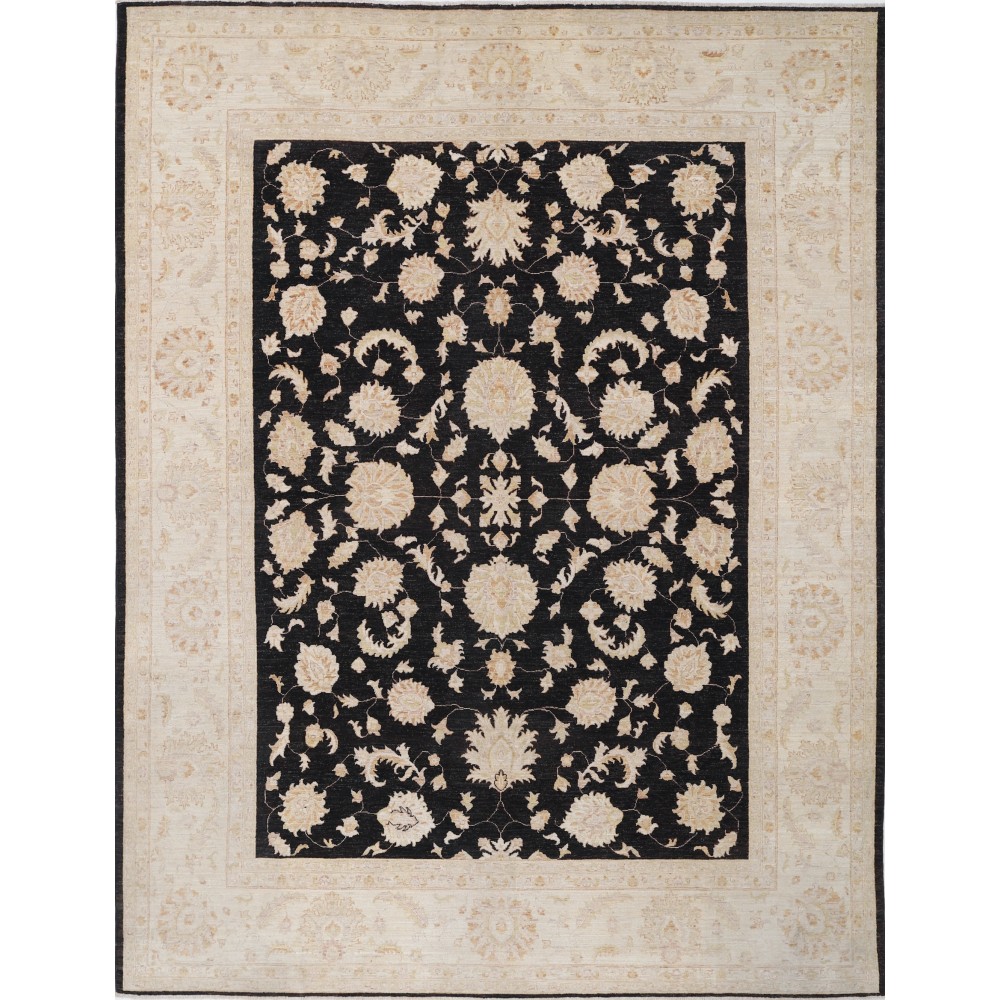 Hand Knotted Floral Oushak Large Area Rug with Black Field and Beige Border | 100% Wool Hand Knotted Floral Oushak Large Area Rug with Black Field and Beige Border | 100% Wool