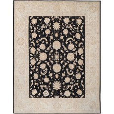 Hand Knotted Floral Oushak Large Area Rug with Black Field and Beige Border | 100% Wool