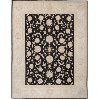 Hand Knotted Floral Oushak Large Area Rug with Black Field and Beige Border | 100% Wool