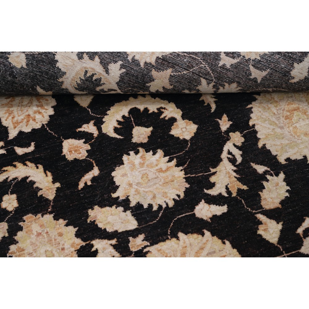 Hand Knotted Floral Oushak Large Area Rug with Black Field and Beige Border | 100% Wool Hand Knotted Floral Oushak Large Area Rug with Black Field and Beige Border | 100% Wool